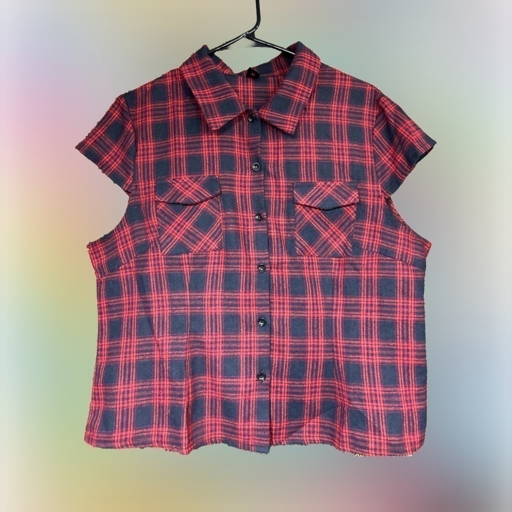 Pink Black Plaid Print Button Down Front Large